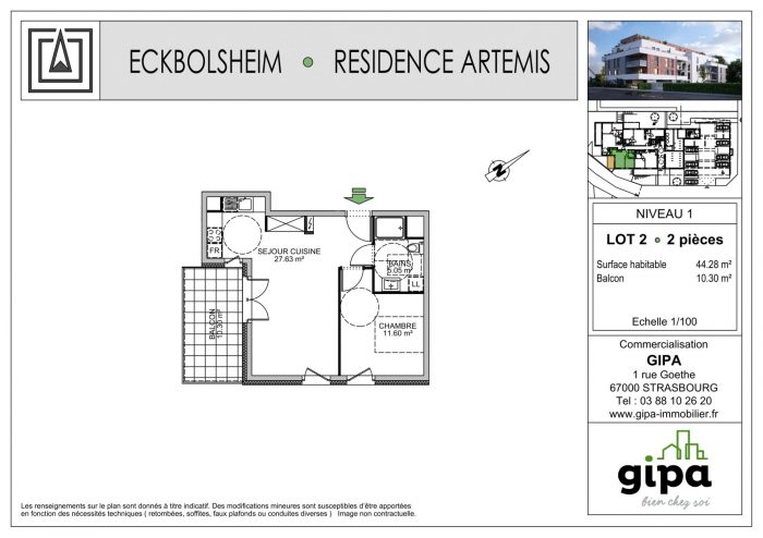 Appartement à vendre, 2 pièces - Eckbolsheim 67201