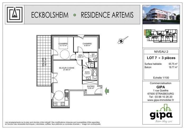 Appartement à vendre, 3 pièces - Eckbolsheim 67201