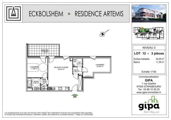 Appartement à vendre, 3 pièces - Eckbolsheim 67201