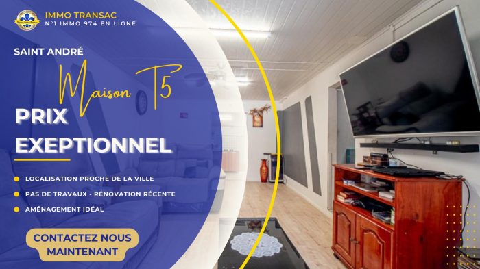 Maison mitoyenne 1 côté à vendre, 5 pièces - Saint-André 97440