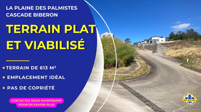 BAS PLAINE DES PALMISTES Terrain viabilisé et plat de 613 m² Prêt-à-Bâtir