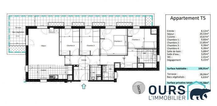 Un appartement 5 pièces de 101 m² avec terrasse de 35 m² à SAINT-DENIS